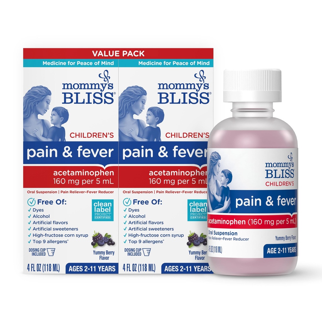 Mamuśka Bless Children 's Pain and Fever Reducer, Dzieci Acetaminofen, Dye Free, Pyszny mieszany aromat jagodowy, Wiek 2 +, 4 Płynne uncje (Opakowanie 2)