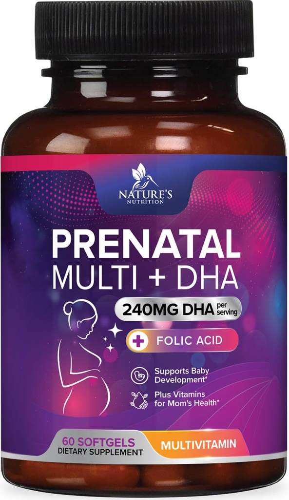 Witaminy prenatalne z kwasem foliowym & DHA, Wsparcie rozwoju mózgu płodu z folianem & Omega 3, Multiwitamina prenatalna dla kobiet, Witamina A, C, D, B6, B12 & Żelazo, Suplement do Ciąża - 60 Softgels