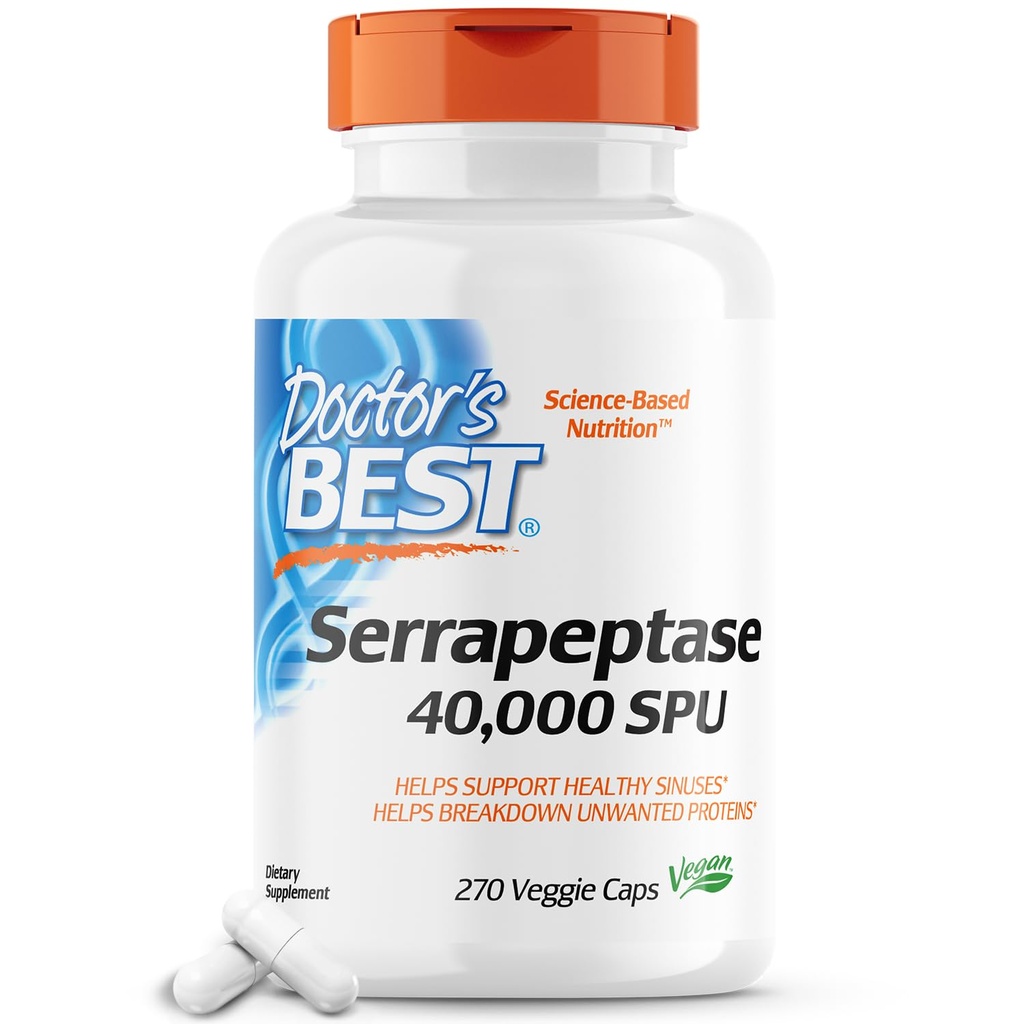 Najlepsza serrapeptaza Doktora, Non-GMO, Gluten Free, Wegan, Wspiera zdrowe zatoki, 40.000 SPU, 270 Hrabia (Pack of 1)