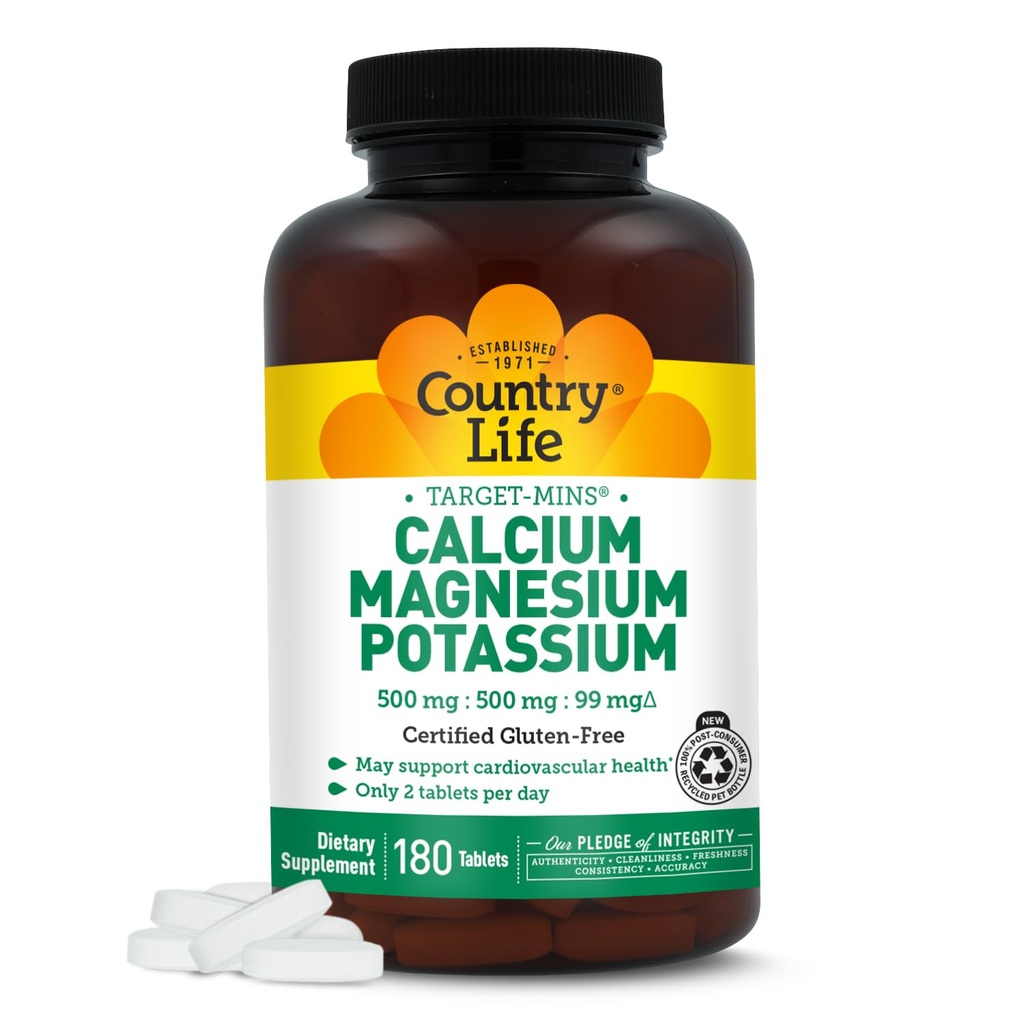 Country Life Target Mins - Wapń Magnezu Potas Bone & Heart Health Supplement, 1000mg Wapń, 500mg Magnez, Wspiera Wapń utylizacji, 180 Tablets - Certified gluten Free & Vegan