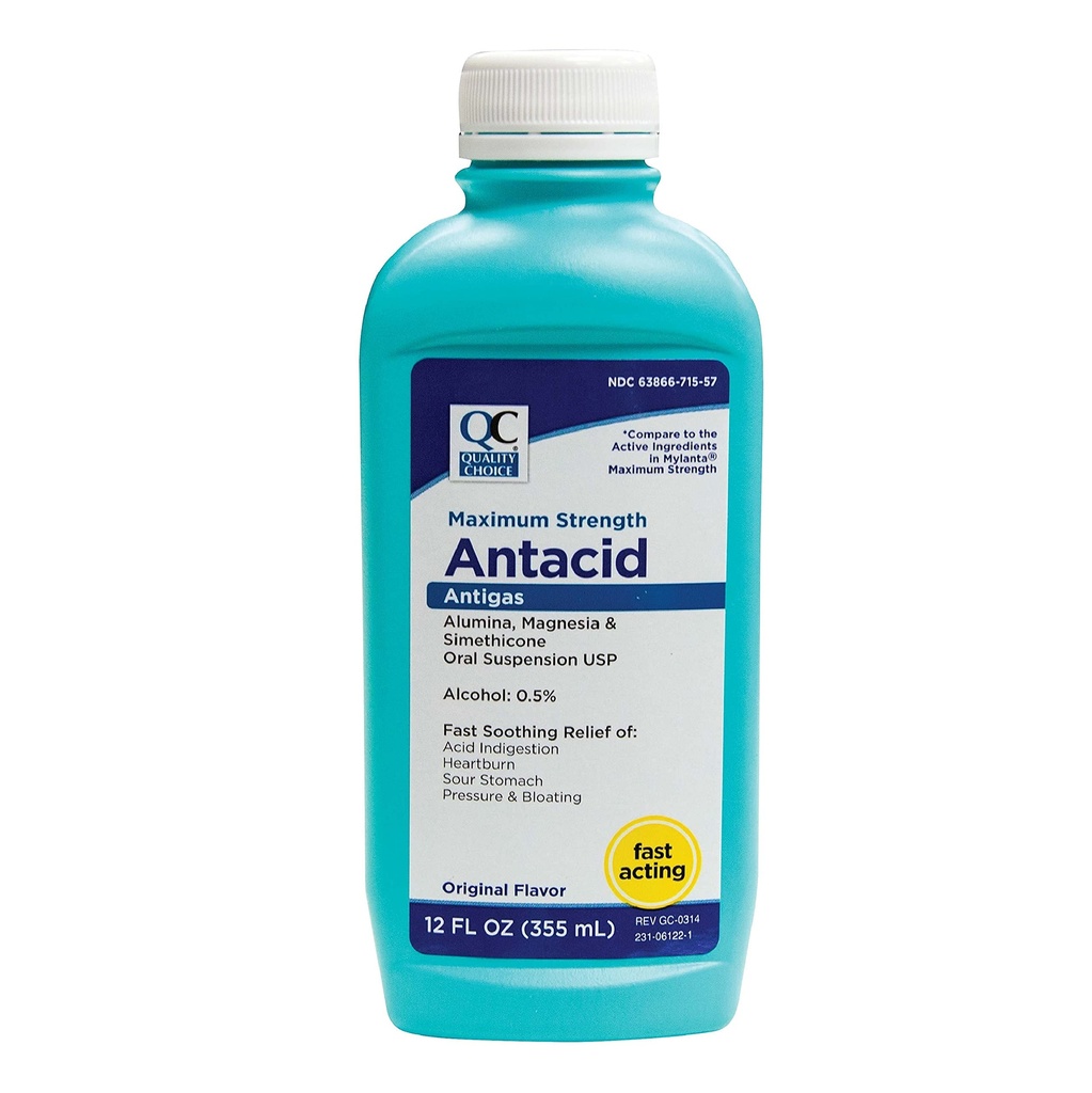 Wybór jakości Maksymalna siła Antacid Antigas Oral Suspension, Oryginalny Flavor - 12 Oz