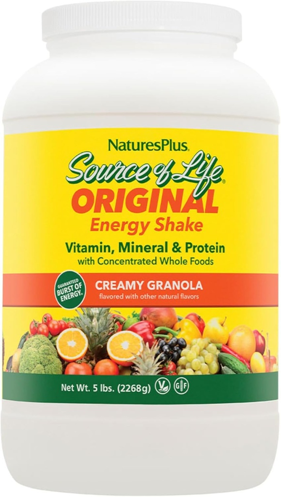 NaturesPlus Source of Life Energy Shake, Creamy Granola - 5 funtów, Pack of 2 - Zapewnia 13g Kompletnego białka, Witaminy i Minerały - Non-GMO, Gluten Free, Wegetarianin - 116 Wszystkich Sług