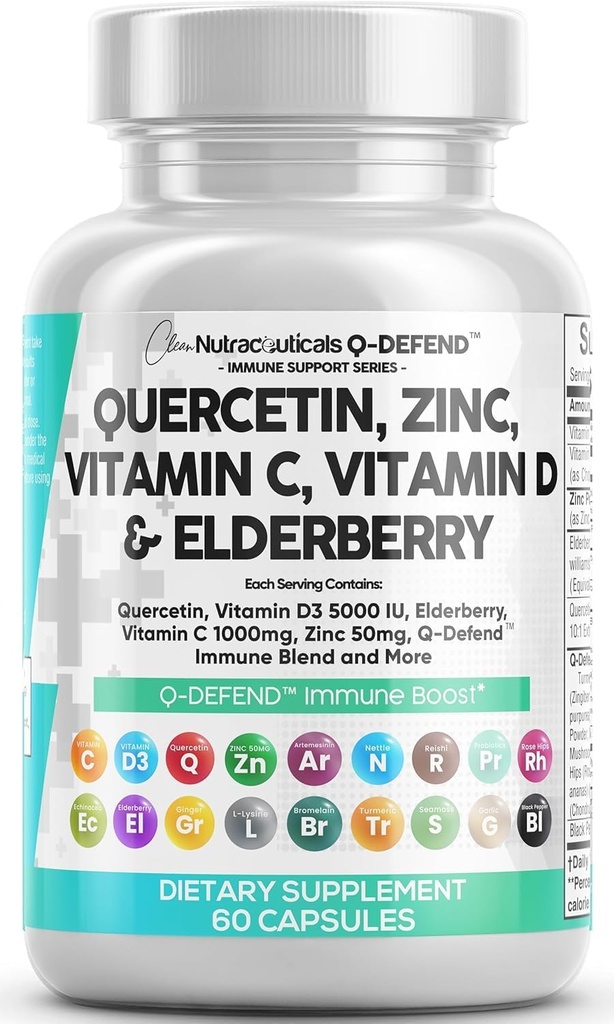 Q Defend Quercetin Supplement with Zinc Vitamin C Vitamin D Elderberry Turmeric Black Pepper Garlic Ginger Sea Moss Lysine Stinging Nettle Reishi Mushroom Immune Support 60 Capsules by Clean Nutra