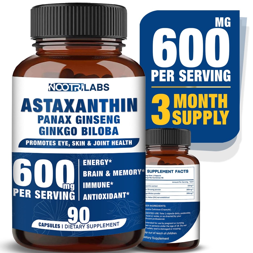 Astaksantyna 15 mg + Panax Ginseng, Ginkgo Biloba Suplementy, 90 Kapsułek wegańskich, Promotes Eye Health Energy, Wsparcie sercowo-naczyniowe + Immune Defense and Focus