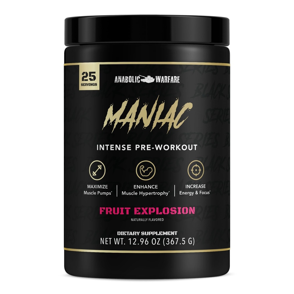 Anaboliczne Warfare Black Series Maniac, Pre- Workout Powder, Wspiera tlenek azotu, Pompy mięśniowe i Synteza protein * Eksplozja owoców