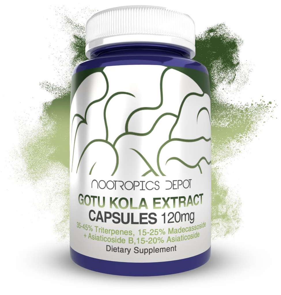 Nootropics Depot Gotu Kola Extract Kapsułki 124; 120mg 124; 90 Count 124; Acid Resistant 124; Centella asiatica Briterpenes 124; 35- 45% Triterpenes 124; Wspomaga zdrowe poziomy stresu 124; Promotes Memory Enhancement