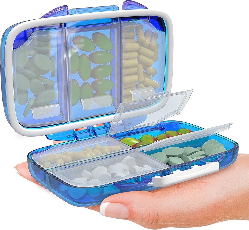 Travel Pill Organizator - Wilgotny Dowód Przenośny Witamina Holder z 7 Komory, Compact Supplement Case for Purse Essential Medicine Kit fot Traveling Pocket Pharmacy z etykietami, Niebieski