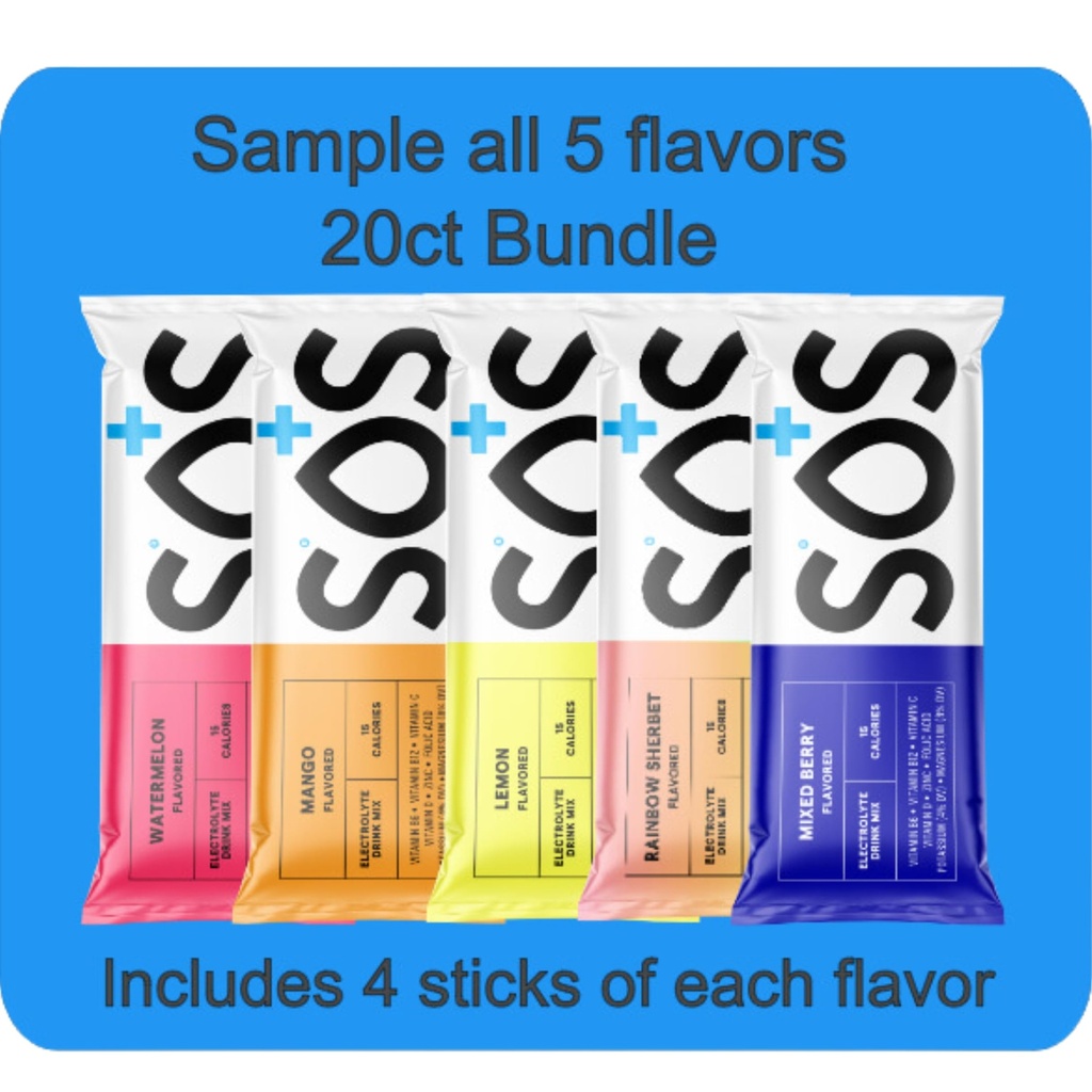 SOS Nawodnienie, Electrolyte w proszku - Low- Calorie, niski cukier, szybkie nawadnianie, Made in USA, Keto & Vegan Friendly 5- Flavor Pack Variety, 20 Sticks