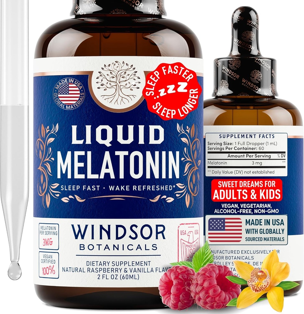 Płynna melatonina dla dorosłych i dzieci w wieku 6 lat - 3mg krople melatoniny Dodatkowa siła płynnego snu - Szybka Absorbcja, Malina Vanilla Flavor Melatonina - 2oz, 2-Miesiąc dostaw, Made in USA