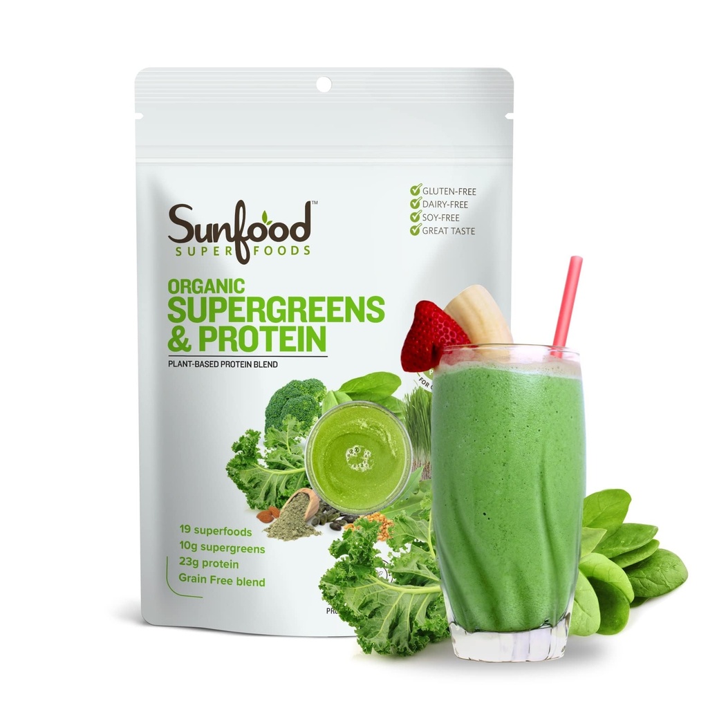 Sunfood Organic Supergreens & Protein - Zielone Superfood Proszek, Organic Protein Powder, roślinne białko wegańskie, Super Greens for Gut Health w / Chlorella & Spirulina, 23 g Białko Per Serving - 8 oz
