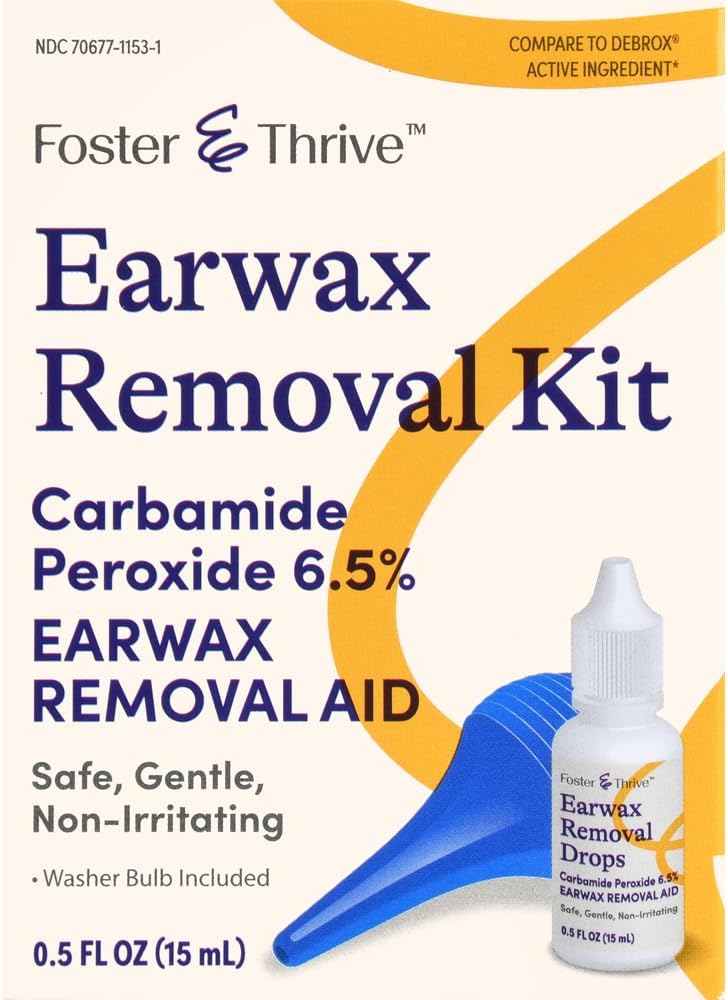 Foster & Thrive Wosk ortopedyczny Zestaw do usuwania, Softens & Loosens Nadmiar Earwox, Bezpieczny, Delikatny i Nienawadniający, Nadtlenek Karbamidu 6,5%, Zawiera krople i pęcherzyki ucha, 0,5 Oz