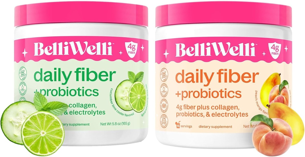 Daily Fiber Supplement Bundle with Collagen, Probiotyki, Elektrolity i Hydration Support - Ogórka Lime Mint & Peach Mango Flavors - Promotes Digestive, Skin Health, Gut Balance - 32 Sługi