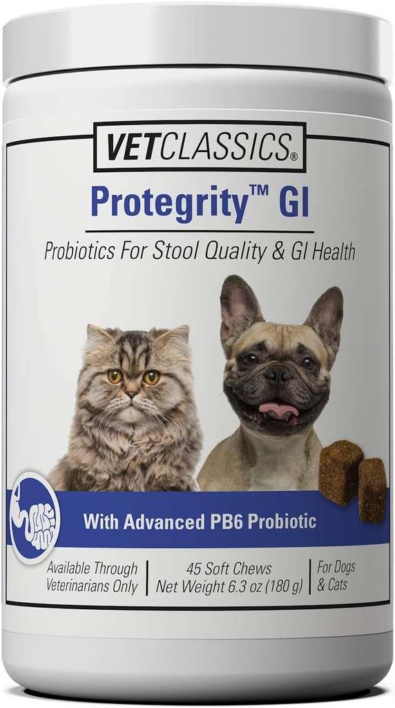 Vet Classics Protegrity GI Probiotyki dla psów i kotów dla jakości stolca i żołądka i jelit, Wsparcie GI Health w Stresowane i niezrównoważone, 45 Soft Chews