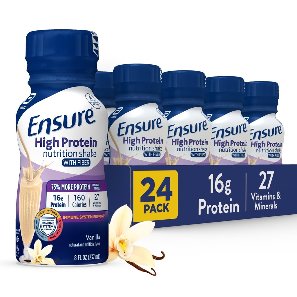 Zapewnienie wysokiej zawartości białka w butelkach Vanilla Nutrition Shake z włóknem, Gotowy do picia, 16 g białka i 27 witamin i minerałów, 8 fl oz, 24 Pack