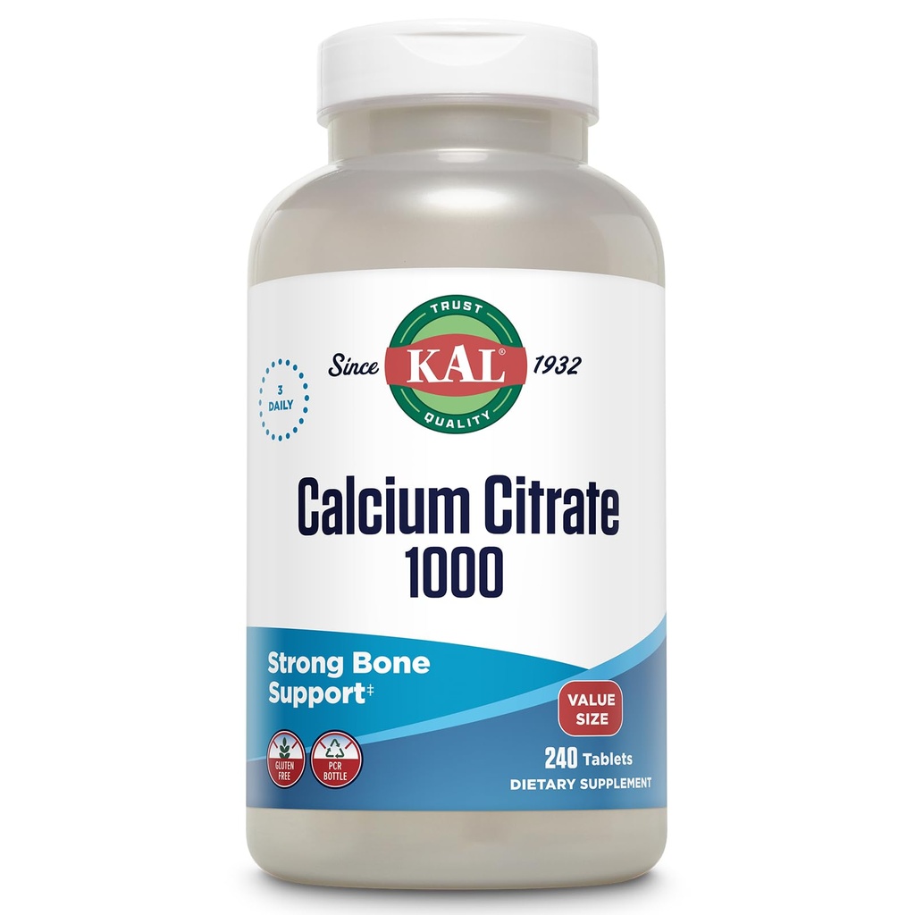 KAL Wapnia Cytrynian 1000mg, Suplementy wapnia dla kobiet i mężczyzn, Zdrowie kości, Zęby, Nerwowy, Muskularny i układu sercowo-naczyniowego Wsparcie, Gluten Free i laboratorium zweryfikowane, 80 Służenie, 240 Tabletki