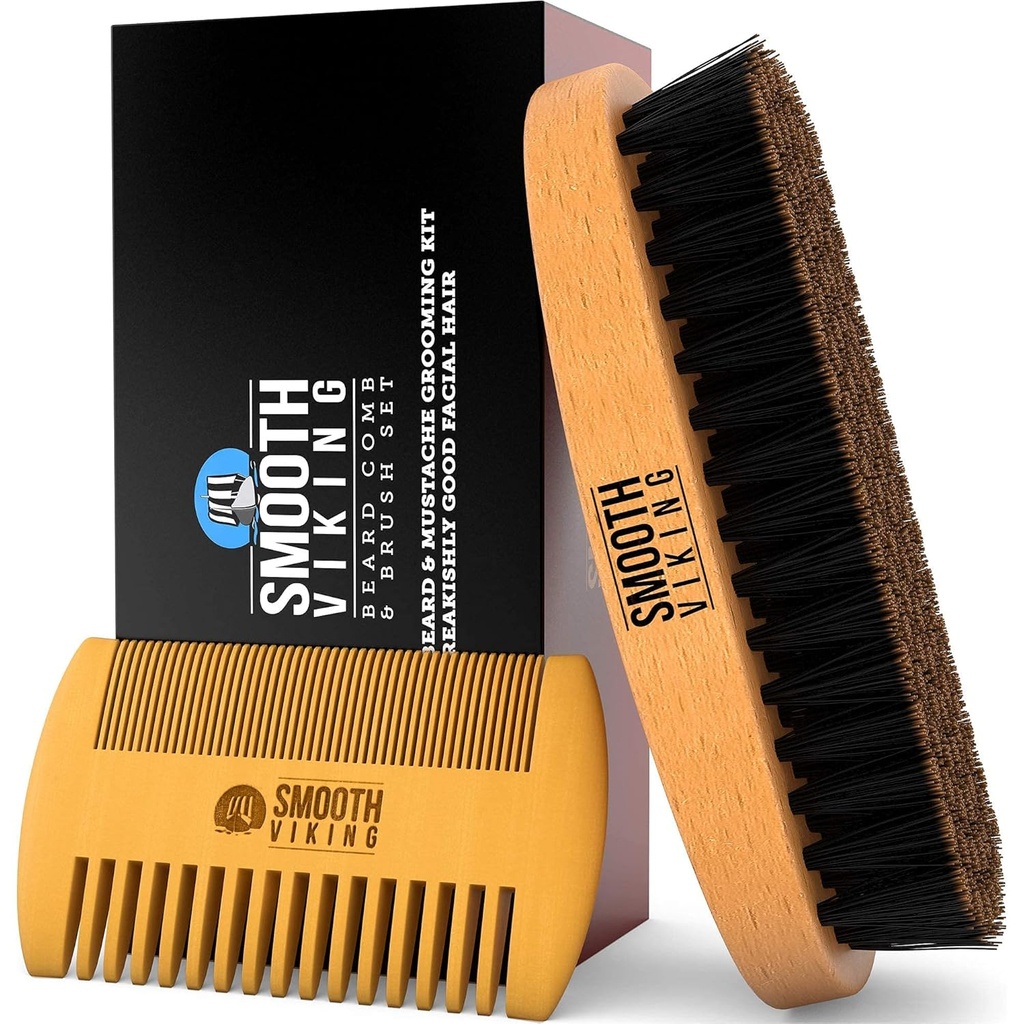 Broda szczotka i grzebień - Naturalny Boar Bristle Broda szczotka i Broda Comb for Men - Zestaw do pielęgnacji twarzy dla mężczyzn - wąsy stylizacja, pielęgnacja i narzędzia