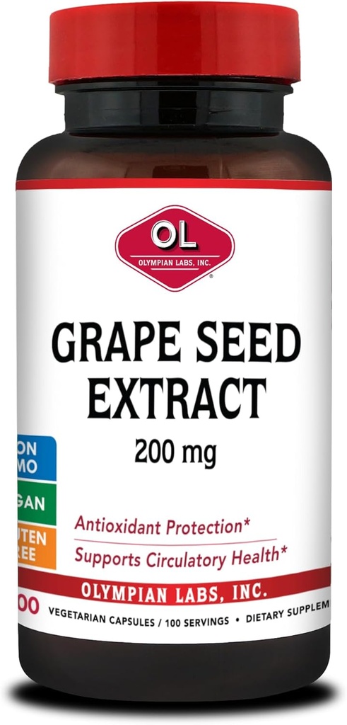 Olympian Labs Grape Seed Extract kapsułki - 200 mg - 100 Kapsułki roślinne wspierające Heart Health, Antyoksydant Protection.