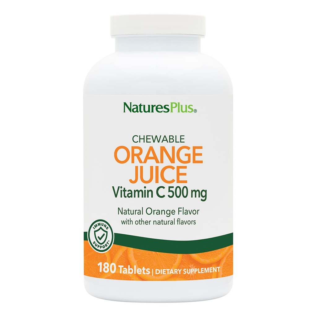 NaturesPlus Sok pomarańczowy Witamina do żucia C - 500 mg, 180 tabletek - Wysoka moc suplement wsparcia immunologicznego, Przeciwutleniacz - Delikatny na żołądku - Wegetarianin, Gluten- Free - 180 Servings