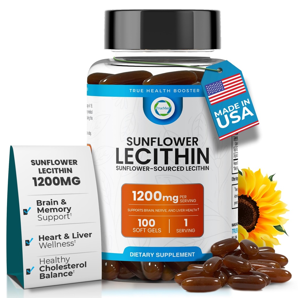 Lecytyna słonecznikowa 1200 MG 100 Softgels, 100-Day Supply Gwarantowane Czyste, Non- GMO, Soy- Free, Wspiera Mózg, Serce, Nerwy, Zdrowie wątroby, Funkcje kognitywne, Zdrowy Cholesterol, Wysoka Wchłanianie Formuła