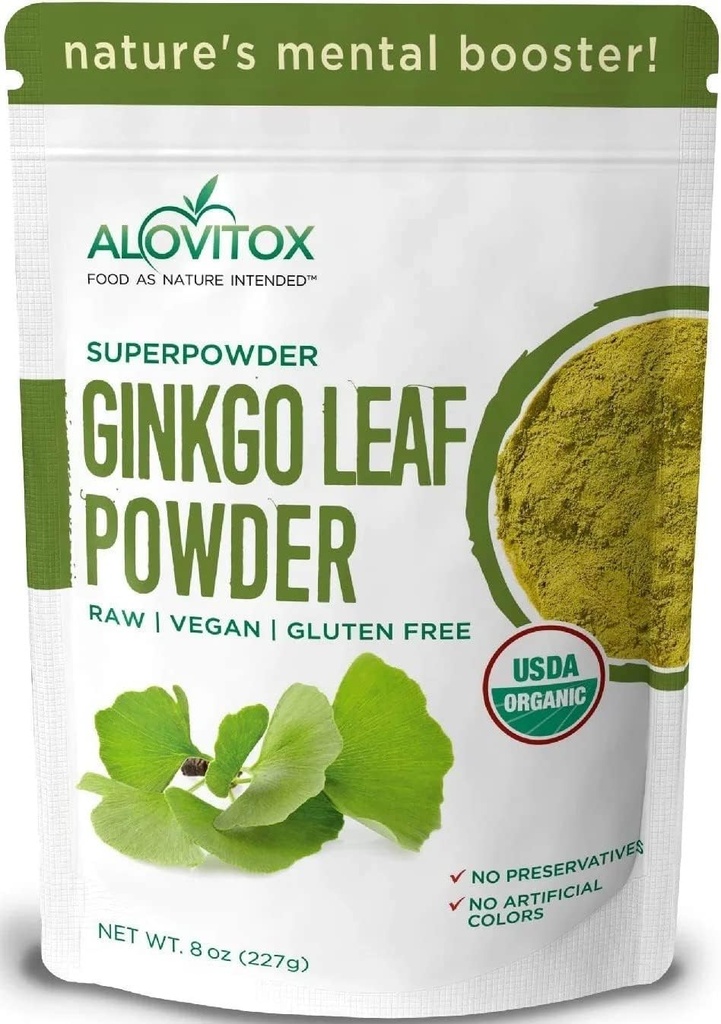 Ginkgo Biloba Leaf Powder 8oz - Ginkgo Biloba Tea wspiera zdrowe starzenie, pamięć, koncentracja, nastrojenie i koncentracja - 100% Naturalny ekstrakt z liści Ginko, wegan, nieGMO i certyfikowany organiczny proszek z liści Ginkgo