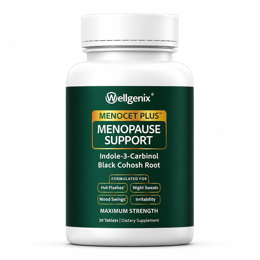 Wellgenix Menocet Plus Menopauza Wsparcie - Natural Supplement for Women - Daily Relief Feminine Care - Pomaga z Hot Flash, nocne poty, Mood Swings & Irritability - 30 Tablets