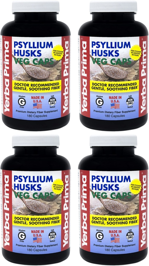 Yerba Prima Psyllium Husks Veg Caps - 180 Hrabia (Pack of 4) - Wegan, Non-GMO, Gluten Free, Colon Cleanser, Codzienne Fiber Supplement for Gut Health & Regularność