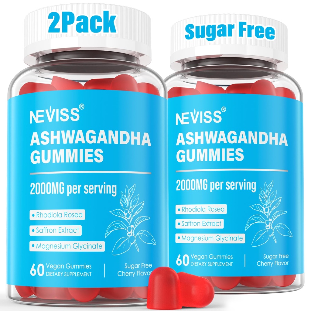 Gumie Ashwagandha, Gummie Glycinate Magnezu 2000mg dla dorosłych, Witamina B6, Cynk, Rhodiola Rosea, Balsam cytrynowy, Wsparcie relaksacyjne, Naturalne Zzz, Mózg, Mięśnie, Stamina, Energia, Cukier wolny