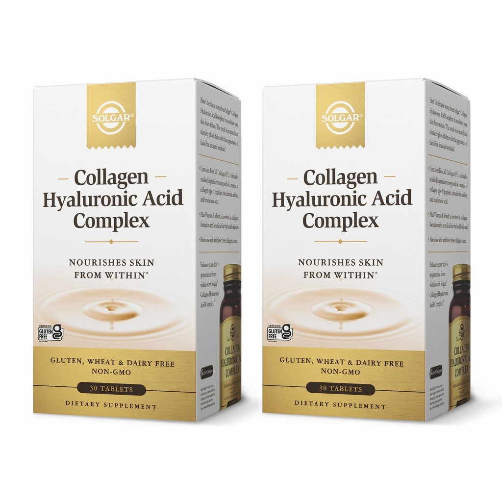 SOLGAR Collagen Hyaluronic Acid Complex - 30 tabletek, Opakowanie 2 - Non-GMO, Gluten Free, Dairy Free - 60 Razem Sługi