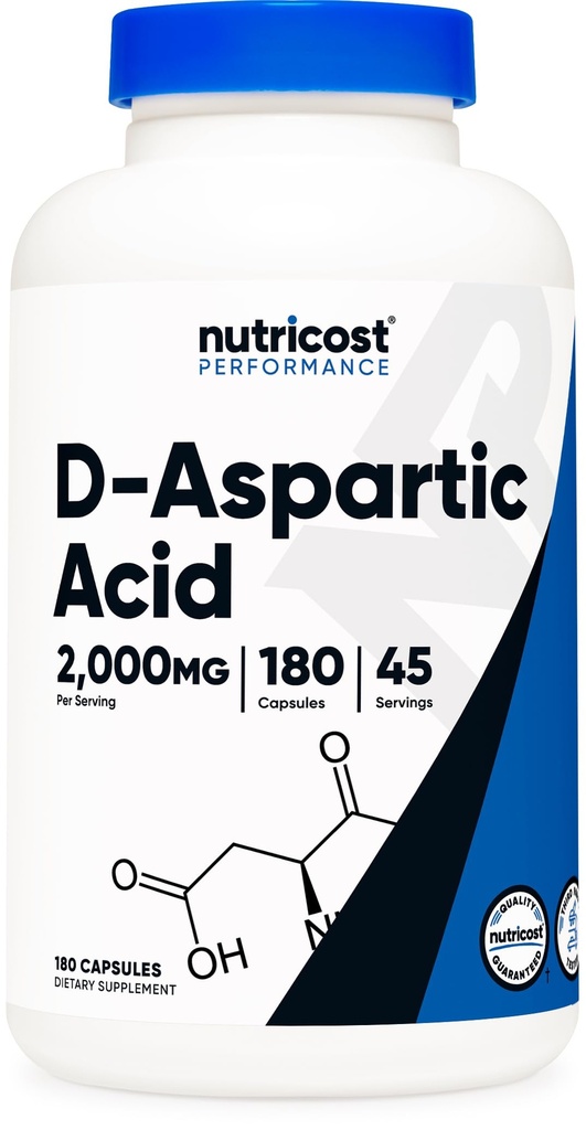 Nutricost D- Aspartic Acid (DAA) Kapsułki 2000mg na Podawanie (180 Kapsułek) - Suplement niezawierający GMO