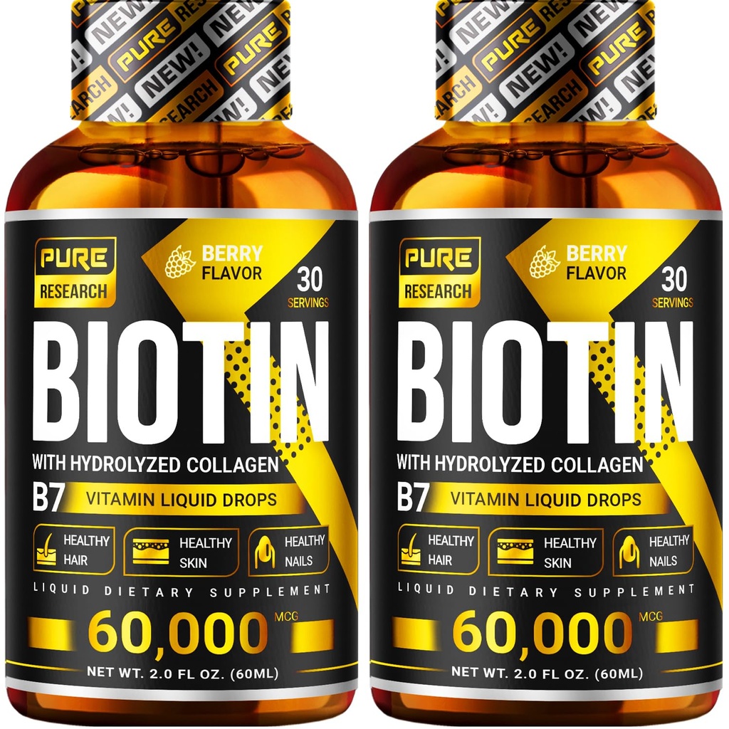 Biotin & Kolagen PURE do badań NAUKOWYCH 60,000mcg Płynne krople do wzrostu włosów, wsparcie: silne paznokcie, połysk skóry, zdrowy wzrost włosów, więcej wchłaniania niż kapsułki i tabletki (4Fl Oz)
