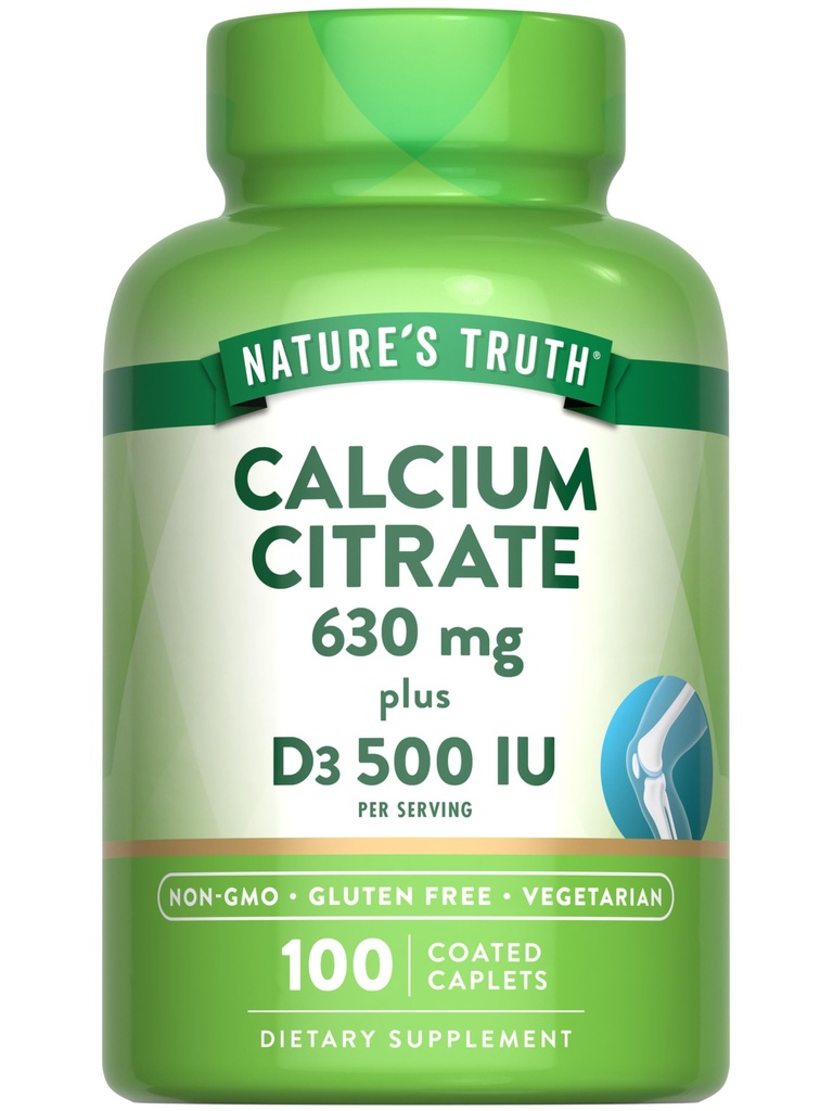 Nature 's Truth Wapnia Citrate with Witamina D3 Bilans 124; 100 Kaplety 124; Wegetarianin, Non-GMO & Gluten