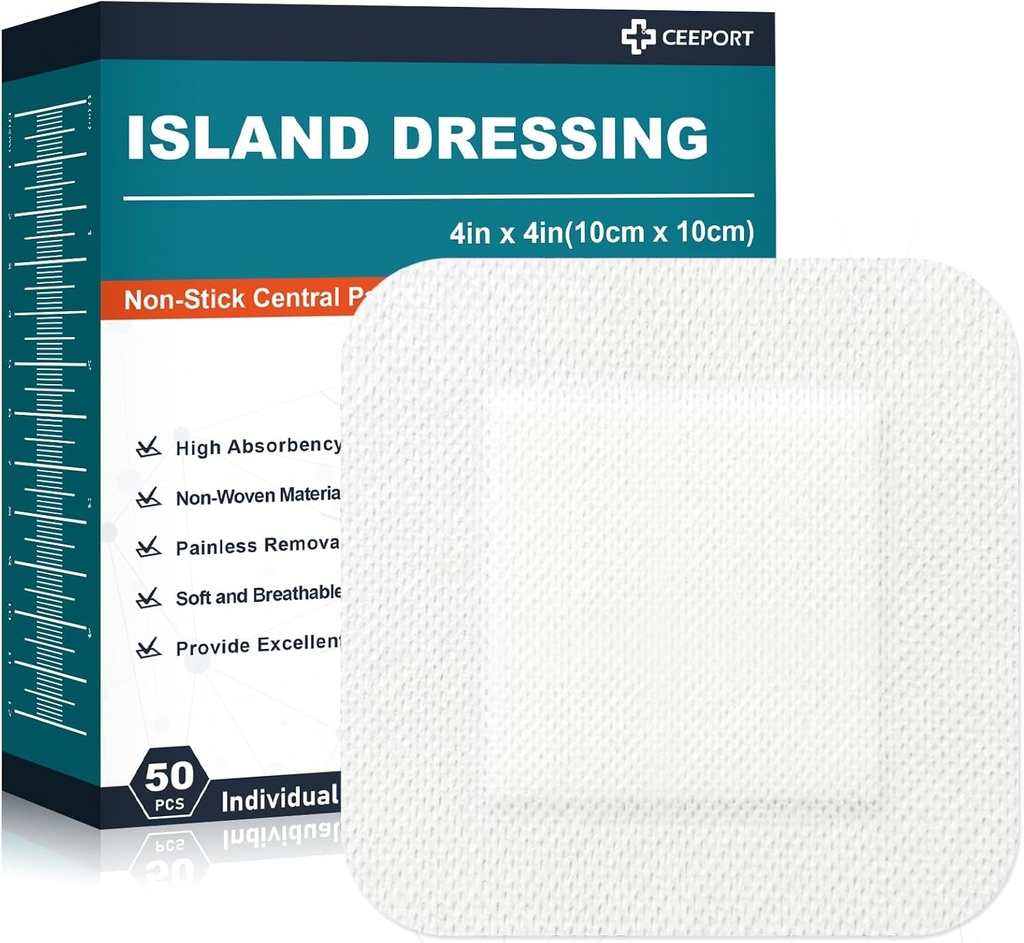 Island Dressing 4 "x4", 50 Indywidualnie Pakowane Ograniczone Gauze Pads, 2 "x2" Non-Stick Pad w centrum z przylegającą granicą, Wysoko Absorbent Non-Tkane medyczne Bandaże klasy dla ran, Pierwsza pomoc