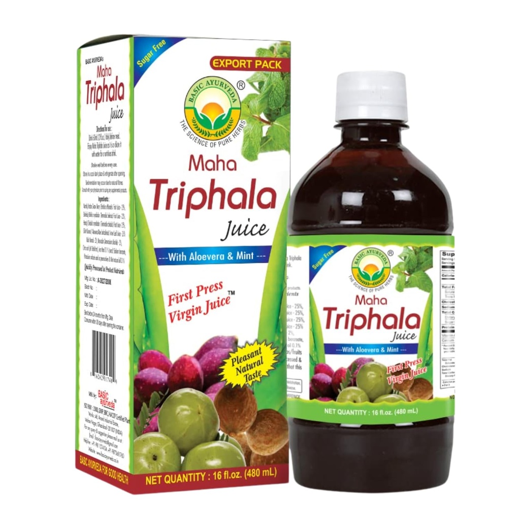 Podstawowy sok Ayurveda Maha Triphala z Aloe Vera & Mint - 16 Fl Oz (480ml) 124; Naturalny napój ziołowy 124; Pierwszy Prasa sok dziewiczy 124; Nie dodawany cukier 124; Doskonały do codziennego użytku & Czyszczenie