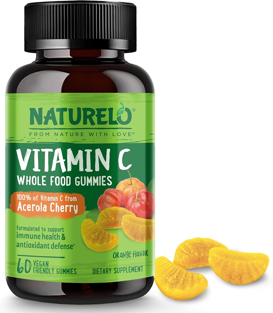 NATURELO Całość żywności Witamina C Gummie, Witamina C z Acerola Cherry, Suplement na bazie plantacji, 60 Przyjazne weganom Gummie