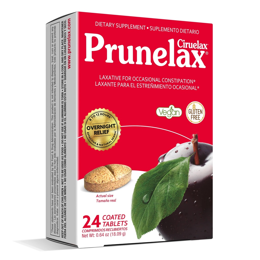 Prunelax Ciruelax Regularna Siła Laxative Tablets - Nocna ulga w przypadku sporadycznych zaparć, Senna Extract, Vegan & gluten- Free, Fast- Acting Gentle Relief - 24ct