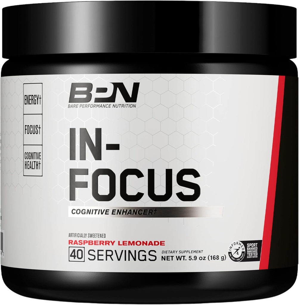 BARE ENTRITITION, BPN in- Focus Brain Support Supplement, Poprawa Focus & Energy, Alpha GPC, Lemoniada malinowa, 40 Służenie