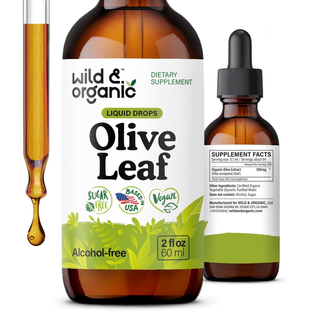 Wild & Organic Olive Leaf Extract Liquid Drops - Antyoksydant & Immune Support - Oleuropein Olive Leaf Supplement - Vegan, Sugar & Alcohol-Free Drops - 2 fl oz