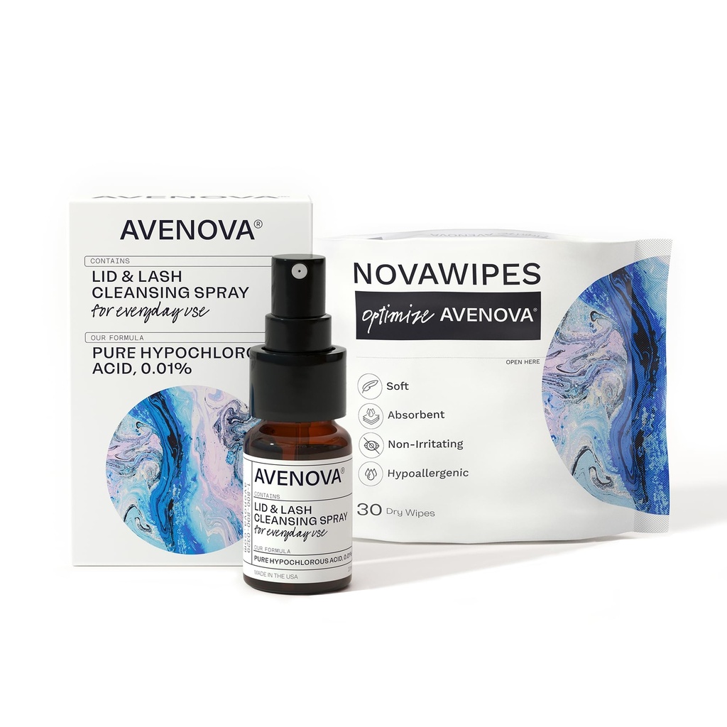 Avenova Eyelid and Eyelash Cleanser Spray z 30 suchymi chusteczkami - Delikatne Codziennie Kwas Podchlorynowy Lid i Lash Cleansing Spray dla Clearer i Healthier Eyes, 20 ml