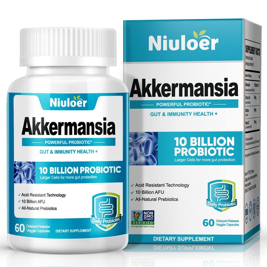 Probiotyka Akkermansia, GLP-1 Probiotyki dla Kobiet i Mężczyzn - 10 Milionów AFU + Prebiotyki Organiczne, Żywność, Gut, Immune & Total Health, Poprawa Gut Digestive Lining Function (60 Kapsułki, 1-Pack)