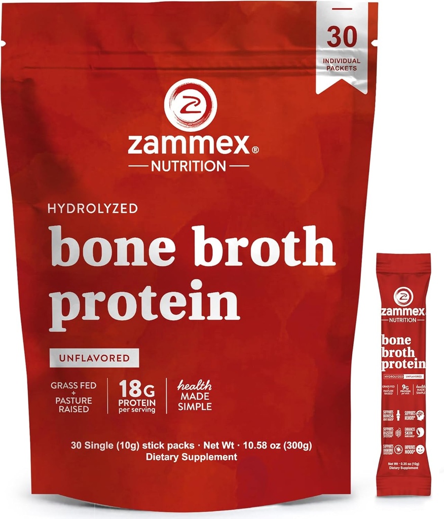 Zammex Bone Broth Collagen Pakiety - 20g Collagen Protein- Bone Broth Proszek do Go- 30 Pakiety podróży - Wspiera połączenia paznokci skóry, Gut Health 124; Gluten- Free 124; Keto & Paleo Friendly - Natural Flavor