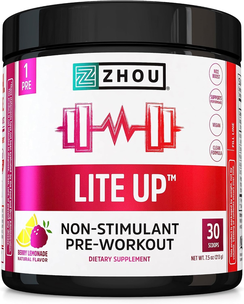 Zhou Lite Up - Nie Stim Proszek, tlenek azotu Stim suplement dla mężczyzn i kobiet, Kofeina wolna Boost, Czysta formuła - Berry Lemonade Flavor, 7.5 oz Jar (30 Scoops)