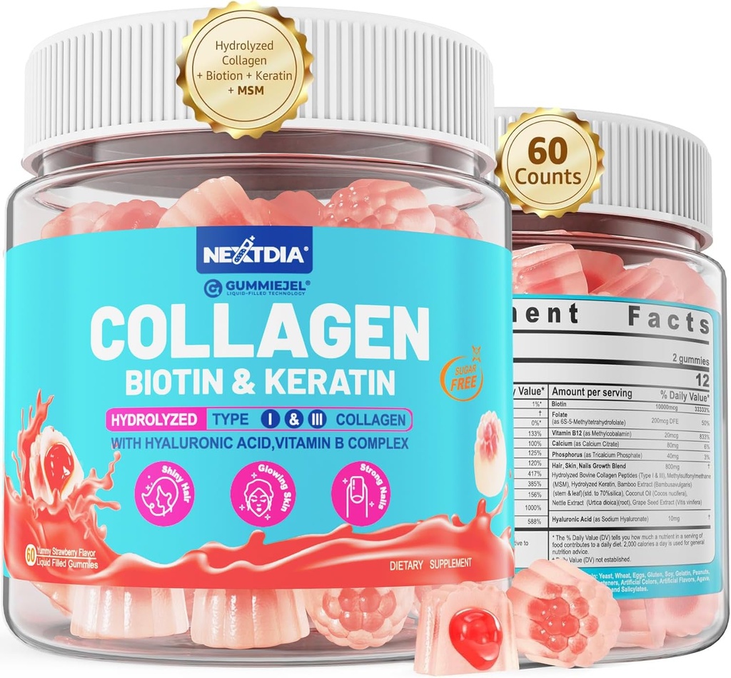 Multi Kolagen Wypełnione Gumiaki dla Kobiet Sugar Free Biotin 10000mcg, Multivitamin Włosy Skóra i paznokcie Witaminy do wzrostu włosów, Zhydrolizowane Kolagen Peptyd Keratyna Kwas hialuronowy Witamina B