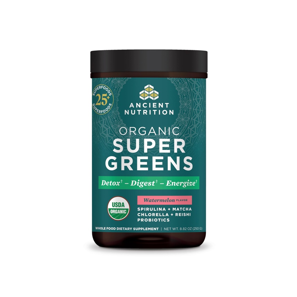 Ancient Nutrition SuperGreens Proszek z probiotyki, Organic Arbuz Flavor Zielone, Wykonane z prawdziwych owoców, Warzywa i zioła, do żywienia i wsparcia energetycznego, 25 Służenia, 8.82oz