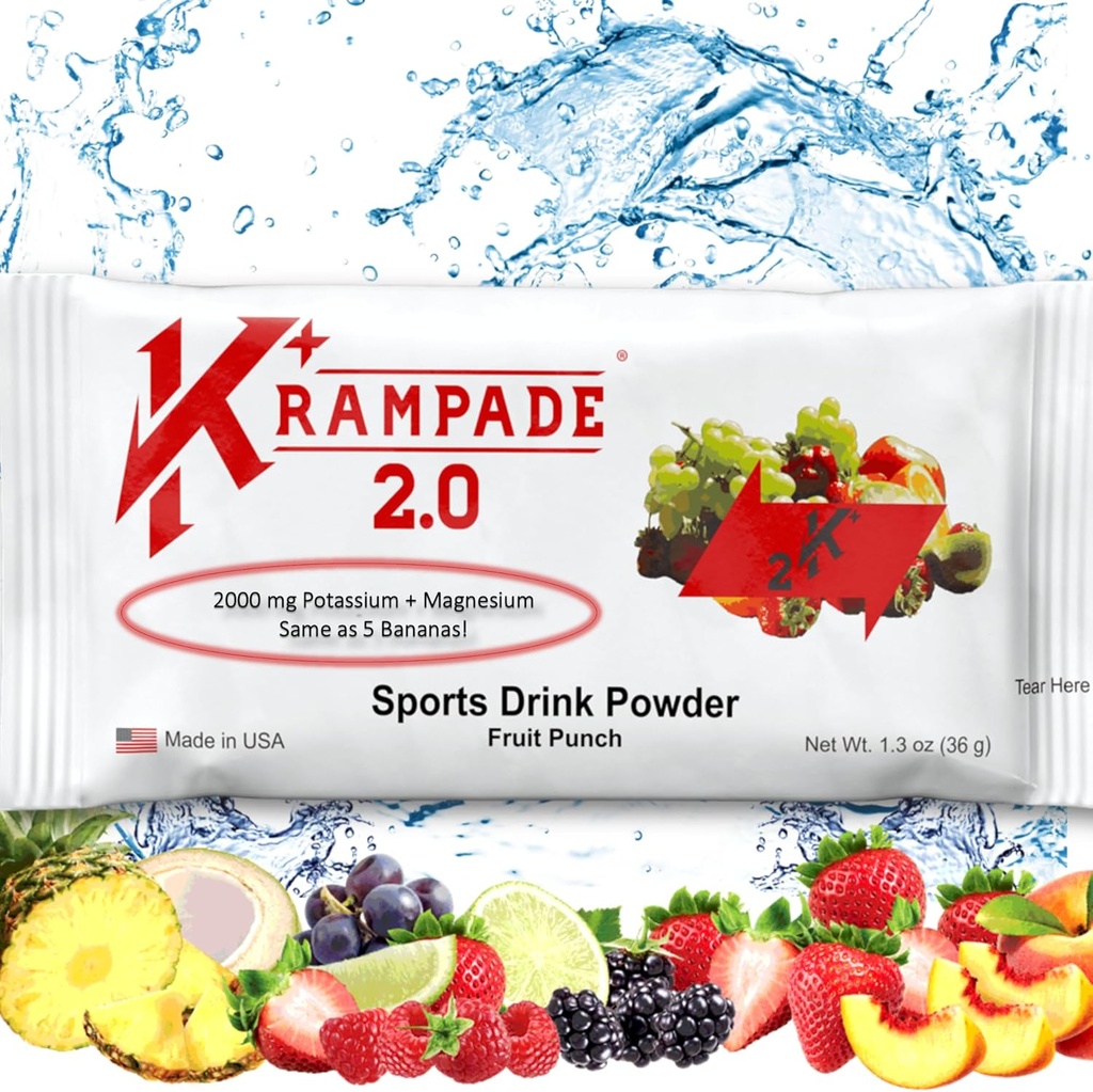 Krampade 2.0 2K: 50 mg Magnezu + 2000 mg Potasu Cramp Relief Electrolyte Drink Proszek: szybszy odzysk, Wolniejsze Zmęczenie, Zoptymalizowane nawodnienie 124; 20 Jednorazowych zestawów (owocowy Punch)