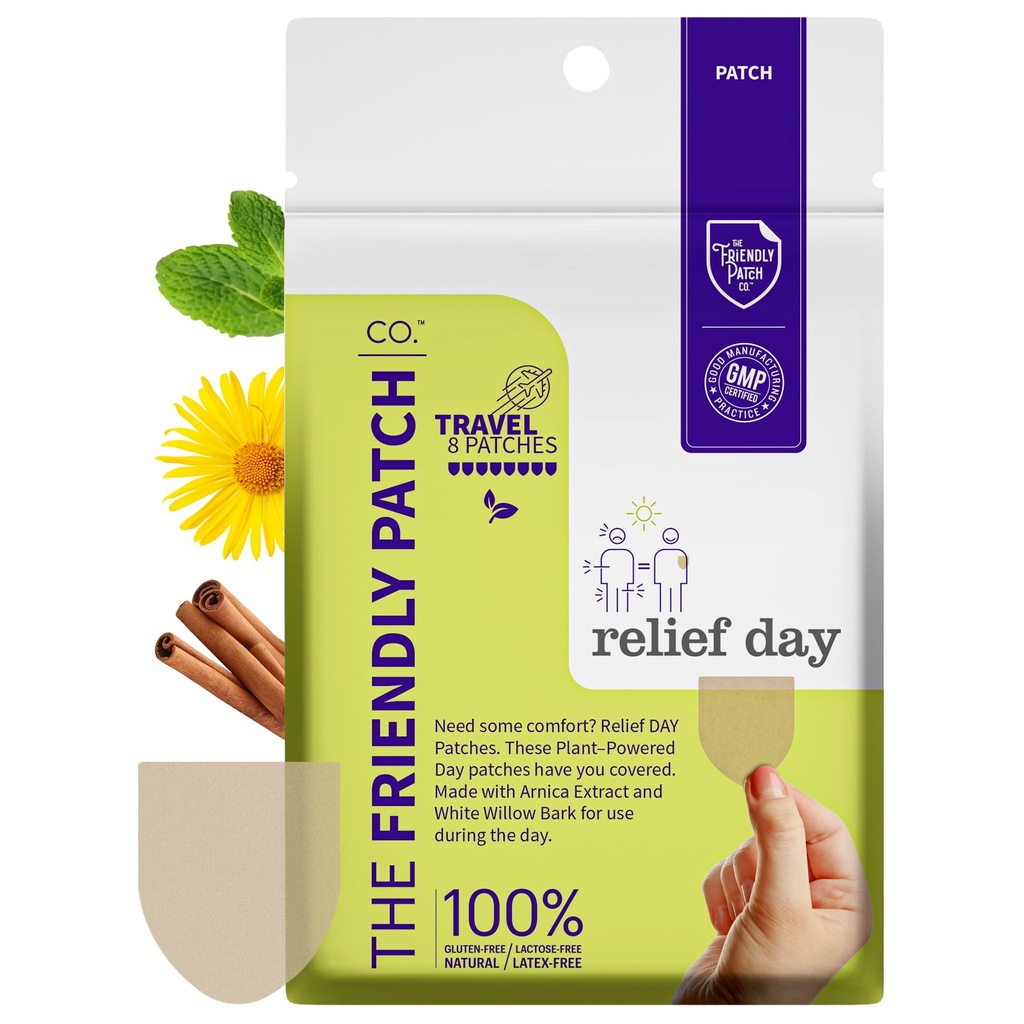 Relief Day Patch - Arnica, Biała Willow Bark, Saffron & Peppermint do odczuwania bólu i dyskomfortu dla kobiet i mężczyzn