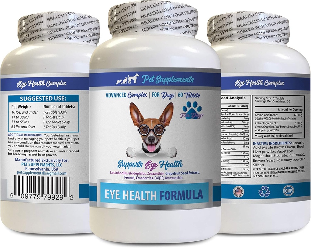 Psy Witaminy oka - Psy Eye Health Formula - Zaawansowany Kompleks Wsparcia Oka - VETS Zalecane - Pies Luteina - 1 Butelka (60 tabletek)