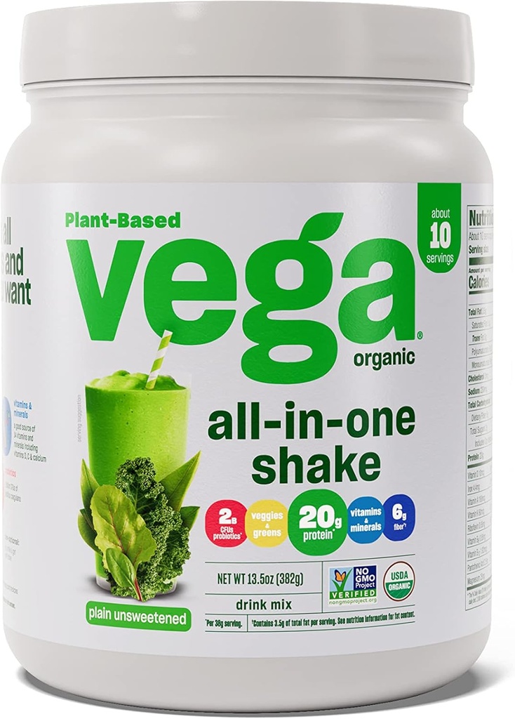Vega Organic All- in- One Vegan Protein Powder, Plain Unsweetened - Superfood Składniki, Witaminy dla wspierania odporności, Keto Friendly, Pea Protein for Women & Men, 13.5 oz (Packaging May Vary)