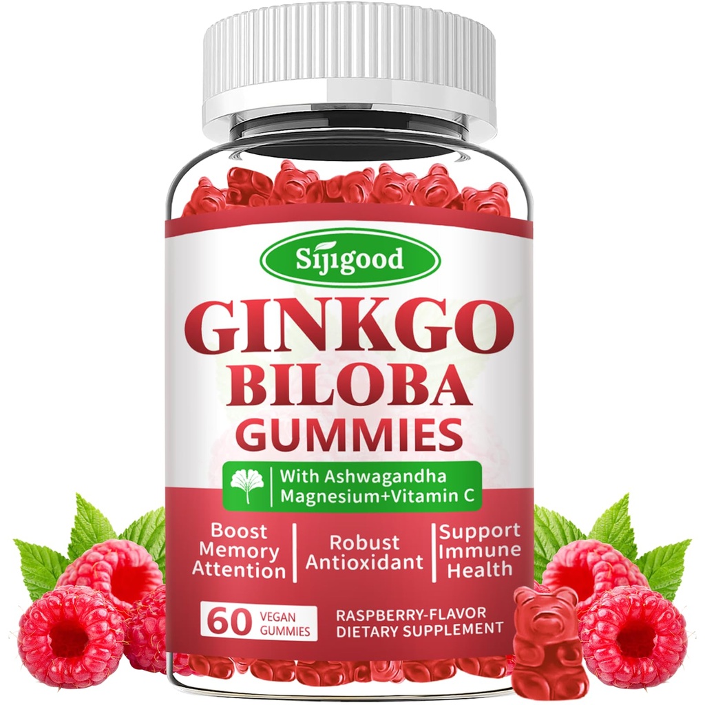Ginkgo Biloba Gummies z Panax Ginseng i Magnezu, Ginkgo Biloba Suplementy dla Focus, Pamięć i Zdrowie Mózgu dla dorosłych i dzieci, Wegański Malina Flavor Gummies, 60 Hrabia