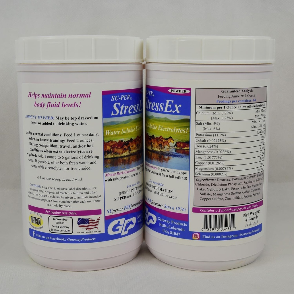 SU- PER Stress- Ex Horse Electrolyte Supplement - Utrzymanie normalnego poziomu płynów w organizmie - Uzupełnienie elektrolitów do nawadniania - 4 funty, (2 opakowania)