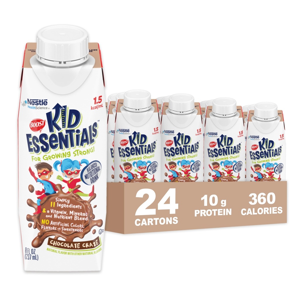 BOOST Kid Essentials (1.5 kcal/mL) Chocolate Craze Nutritional Drink, 10g Protein, Vitamin C, D, B12, and Zinc, 8 Fl Oz (Pack of 24)